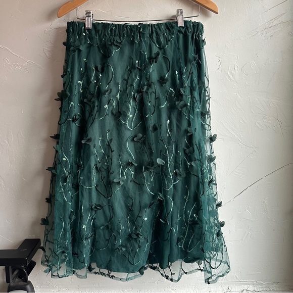 Dark Fairycore Forest Green Sheer Floral Applique Tulle Midi Skirt Ethereal Sz M - Picture 5 of 7